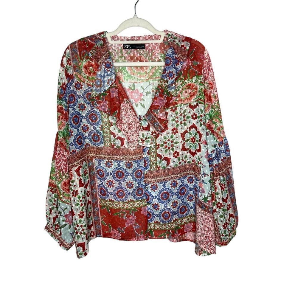 Zara Top Womens XL Patchwork Floral V Neck Ruffle Boho Swiss Dot Chiffon Blouse